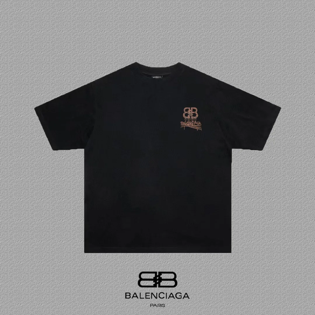 P80✨🔥 BALENCIAGA Paris lettering printed short-sleeved T-shirt, custom-woven and dyed 280g combed cotton heavyweight fabric, zero color difference in thread, perfect details, different from the current version on the market, welcome to compare, Same Style for men and women, must-sell in the picture above Color: White Black Size: 1 2 3 4